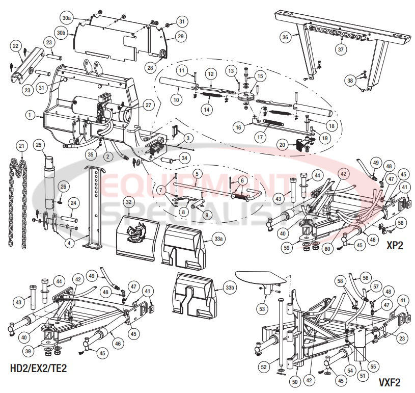 Buyers HDII/EXII/TEII/VXPII/XPII Series with Rapidlink Lift Frames and A-Frames Diagram Breakdown Diagram