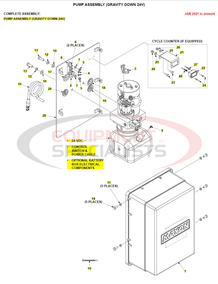 Maxon TE-20 Pump Assembly Gravity Down 24V Parts Diagram Breakdown Diagram