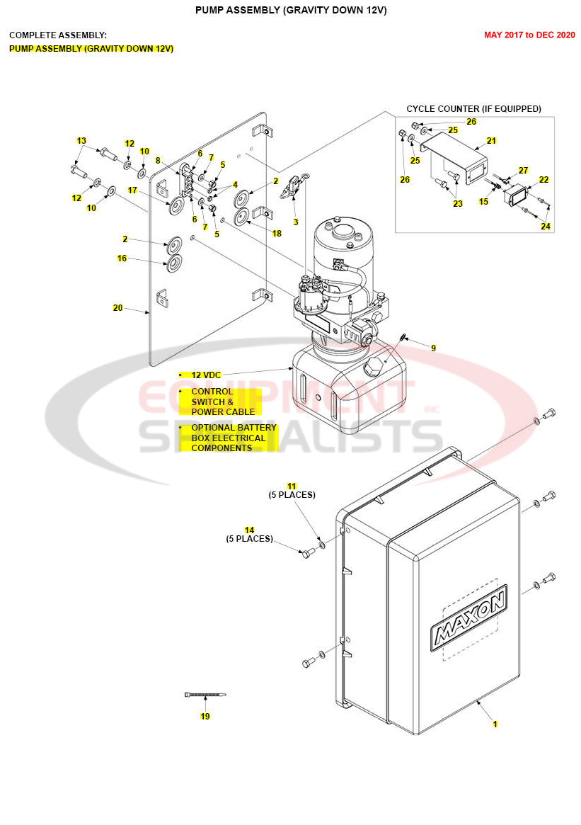 Maxon TE-15/20 Pump Assembly Gravity Down 12V May 2017 to Dec 2020 Parts Diagram Breakdown Diagram