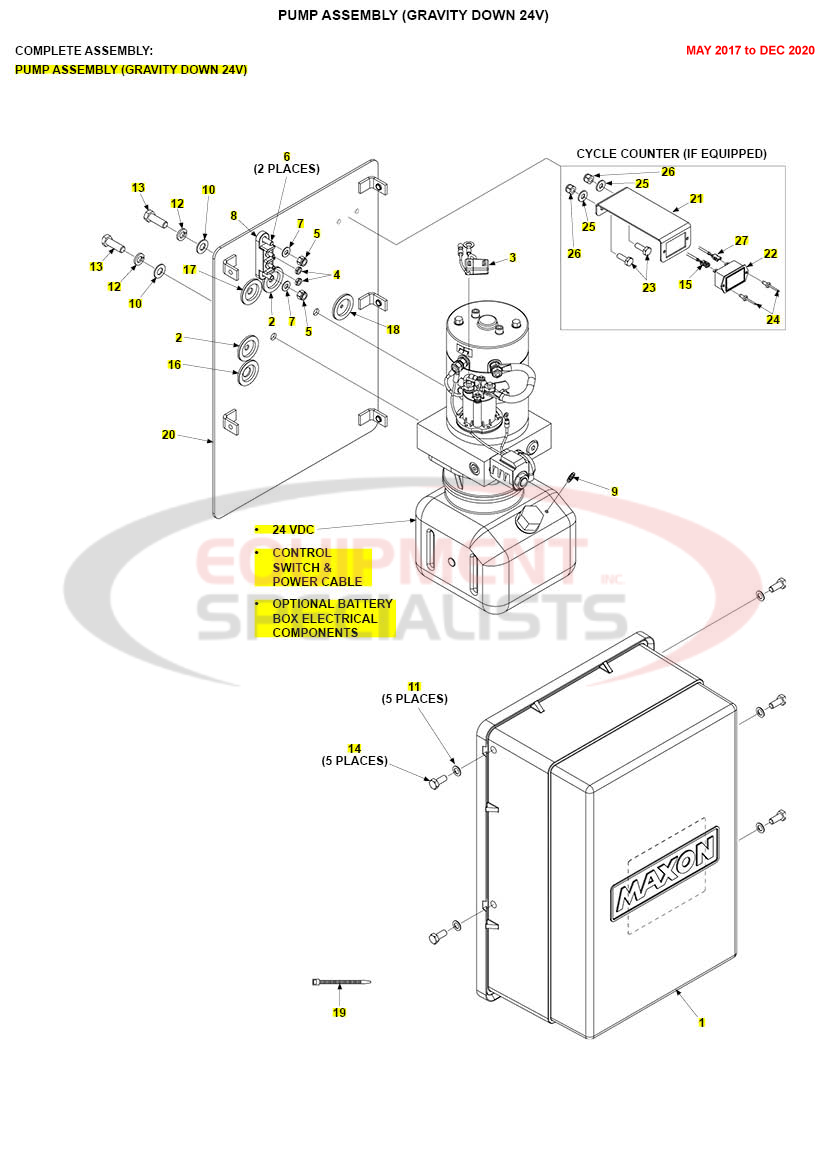 Maxon TE-15/20 Pump Assembly Gravity Down 24V May 2017 to Dec 2020 Parts Diagram Breakdown Diagram