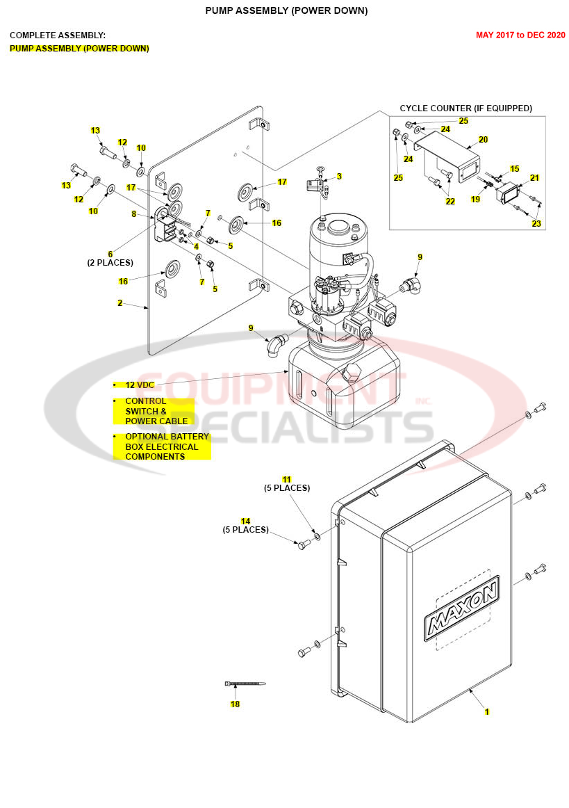 Maxon TE-15/20 Pump Assembly Power Down May 2017 to Dec 2020 Parts Diagram Breakdown Diagram