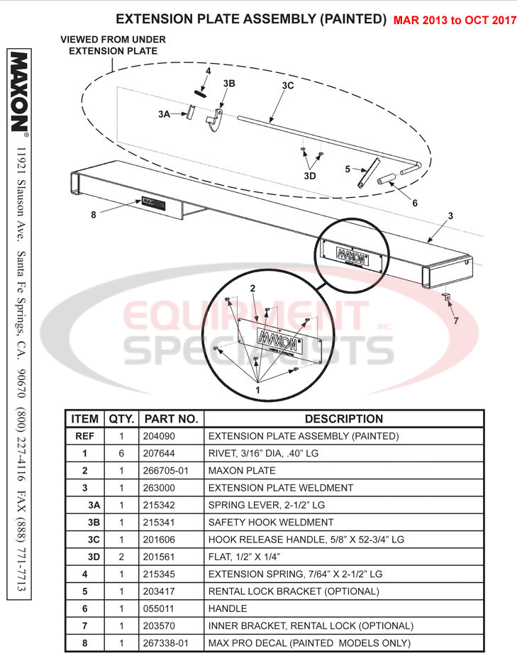 Maxon TE-20 Extension Plate Assembly Painted March 2013 to Oct 2017 Parts Diagram Breakdown Diagram