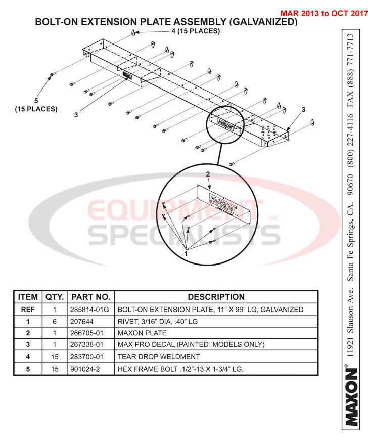 Maxon TE-20 Bolt-on Extension Plate Assembly Galvanized Mar 2013 to Oct 2017 Parts Diagram Breakdown Diagram