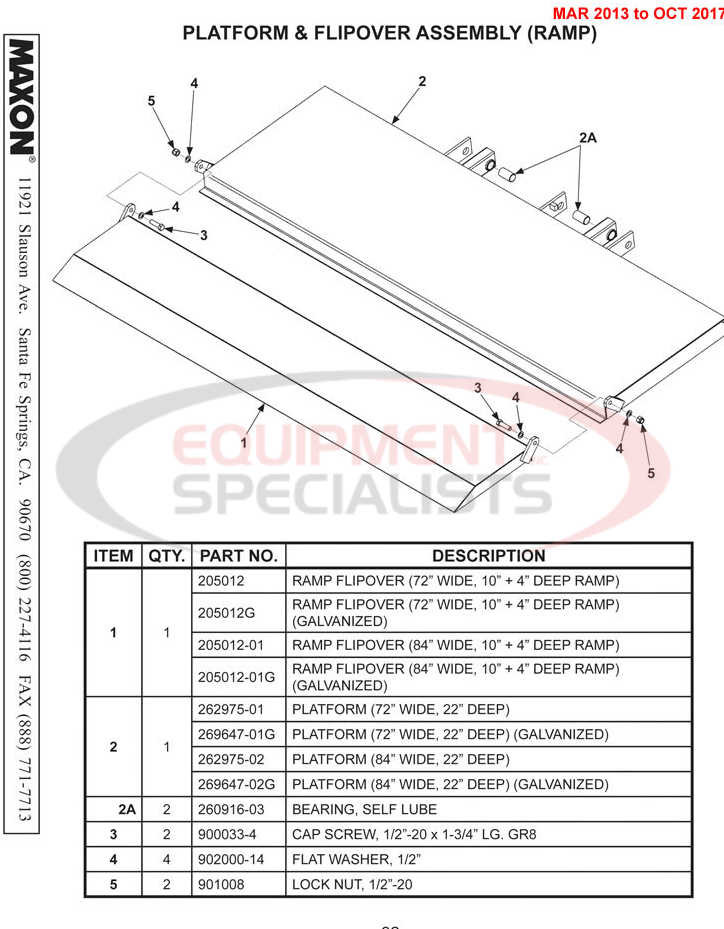 Maxon TE-20 Mar 2013 to Oct 2017 Platform and Flipover Assembly (Ramp) Parts Diagram Breakdown Diagram