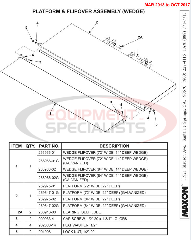 Maxon TE-20 Mar 2013 to Oct 2017 Platform and Flipover Assembly (Wedge) Parts Diagram Breakdown Diagram