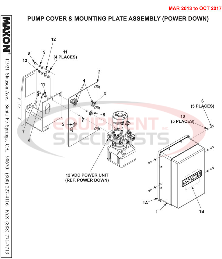 Maxon TE-20 Mar 2013 to Oct 2017 Pump Cover and Mounting Plate Assembly (Power Down) Parts Diagram Breakdown Diagram