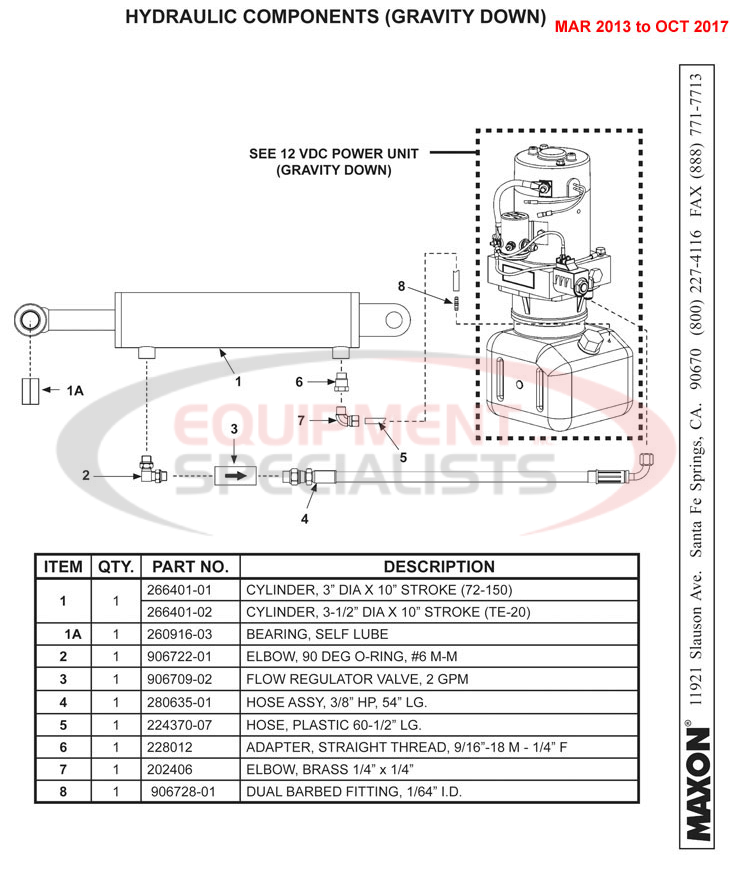 Maxon TE-20 Mar 2013 to Oct 2017 Hydraulic Components Gravity Down Parts Diagram Breakdown Diagram