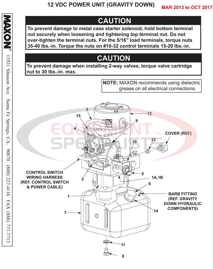 Maxon TE-20 March 2013 to Oct 2017 12 VDC Power Unit (Gravity Down) Parts Diagram Breakdown Diagram