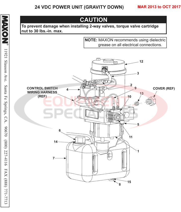 Maxon TE-20 March 2013 to Oct 2017 24 VDC Power Unit (Gravity Down) Parts Diagram Breakdown Diagram