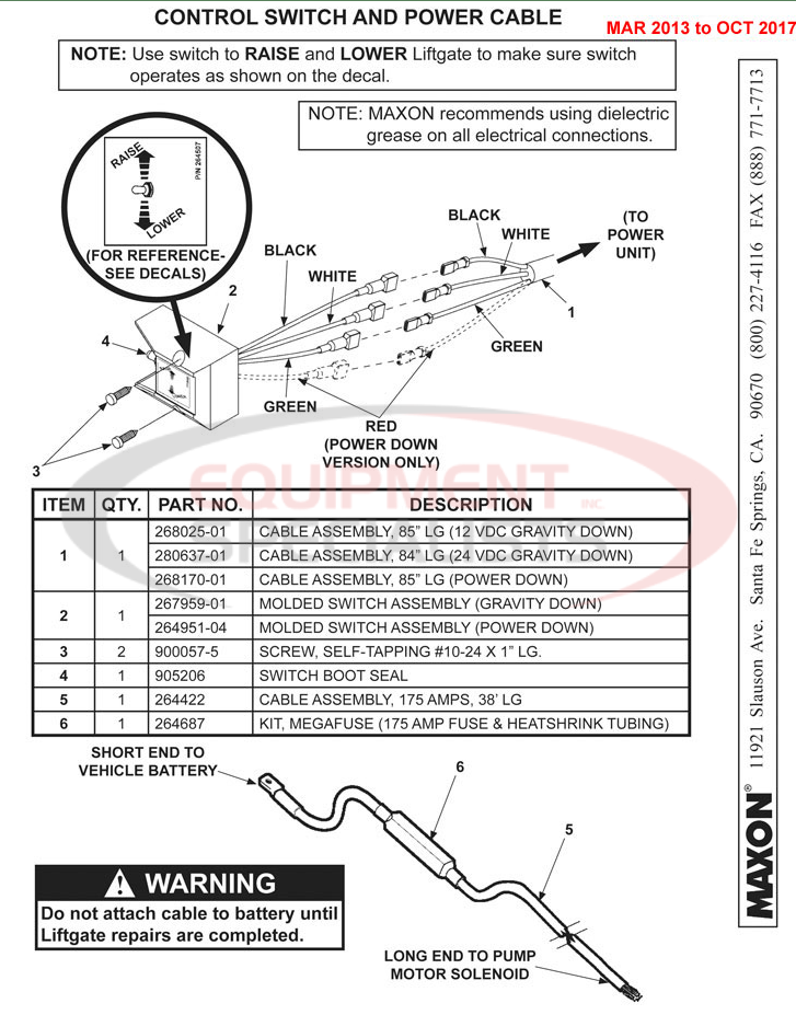 Maxon TE-20 Mar 2013 to Oct 2017 Control Switch and Power Cable Parts Diagram Breakdown Diagram