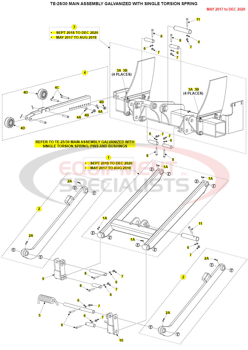 Maxon TE-25/30 Main Assembly Galvanized with Single Torsion Spring May 2017 to Dec 2020 Parts Diagram Breakdown Diagram