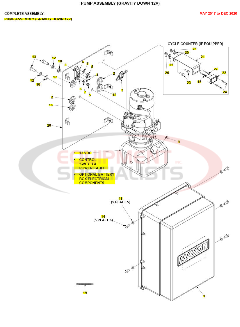 Maxon TE-25/30 Pump Assembly Gravity Down 12V May 2017 to Dec 2020 Parts Diagram Breakdown Diagram