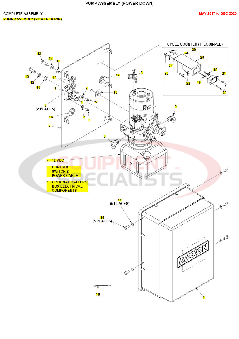 Maxon TE-25/30 Pump Assembly Power Down May 2017 to Dec 2020 Parts Diagram Breakdown Diagram