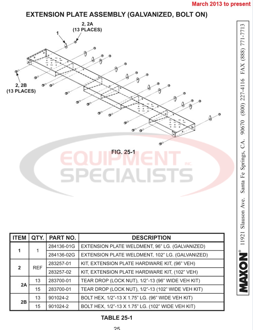 Maxon TE-25 Extension Plate Assembly Galvanized Bolt On March 2013 to Present Parts Diagram Breakdown Diagram