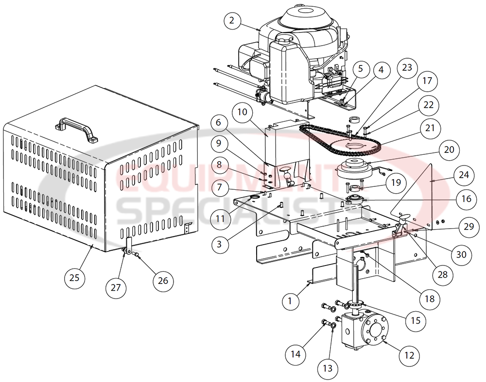 Buyers SaltDogg Medium Size Self Contained Hopper Spreaders Gasoline Engine and Deck Assembly Diagram Breakdown Diagram