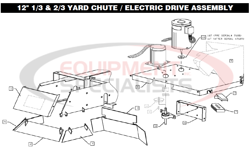 Downeaster 12" 1/3 & 2/3 Yard Chute/Electric Drive Assy Breakdown Diagram