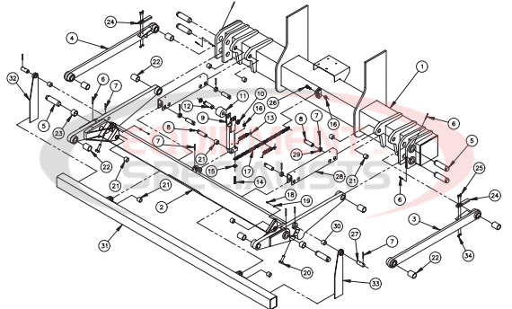 Thieman Stowaway LRST Trunnion, Lift Arm, Idler Arm, and Optional Rear End Protection Assembly Diagram Breakdown Diagram