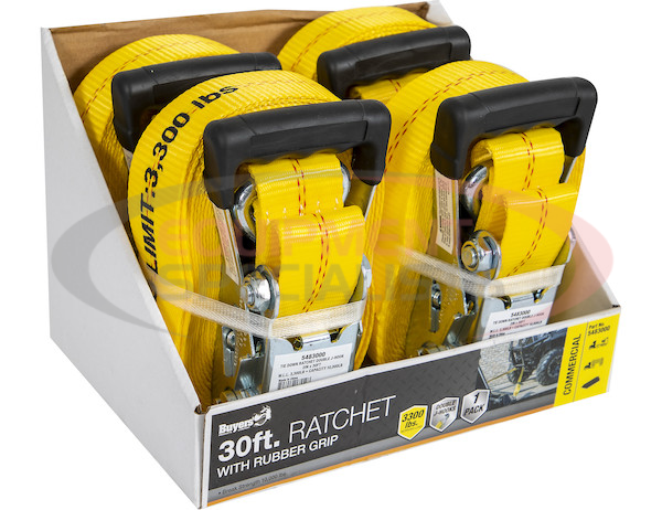 30 Foot Commercial Grade Ratchet Strap with Soft Rubber Grips - Flat Hooks, Full Cut Case (4 Pieces Per Case)