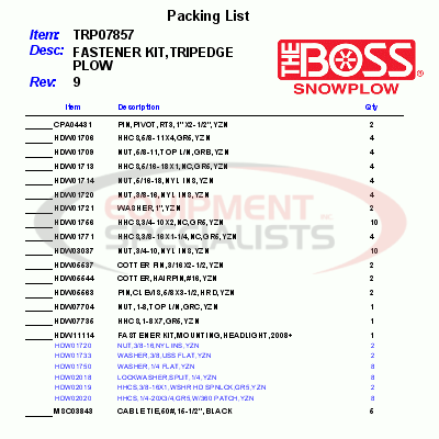 (Boss) [TRP07857] FASTENER KIT, TRIPEDGE PLOW