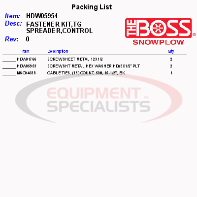 (Boss) [HDW05954] FASTENER KIT, TG SPREADER, CONTROL
