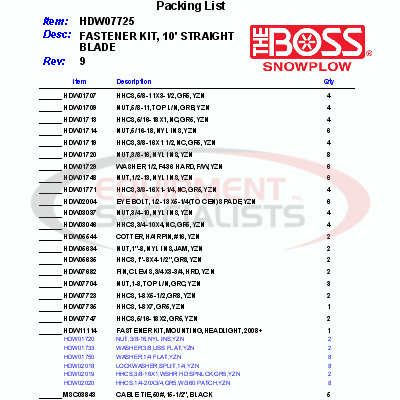 (Boss) [HDW07725] FASTENER KIT, 10' STRAIGHT BLADE